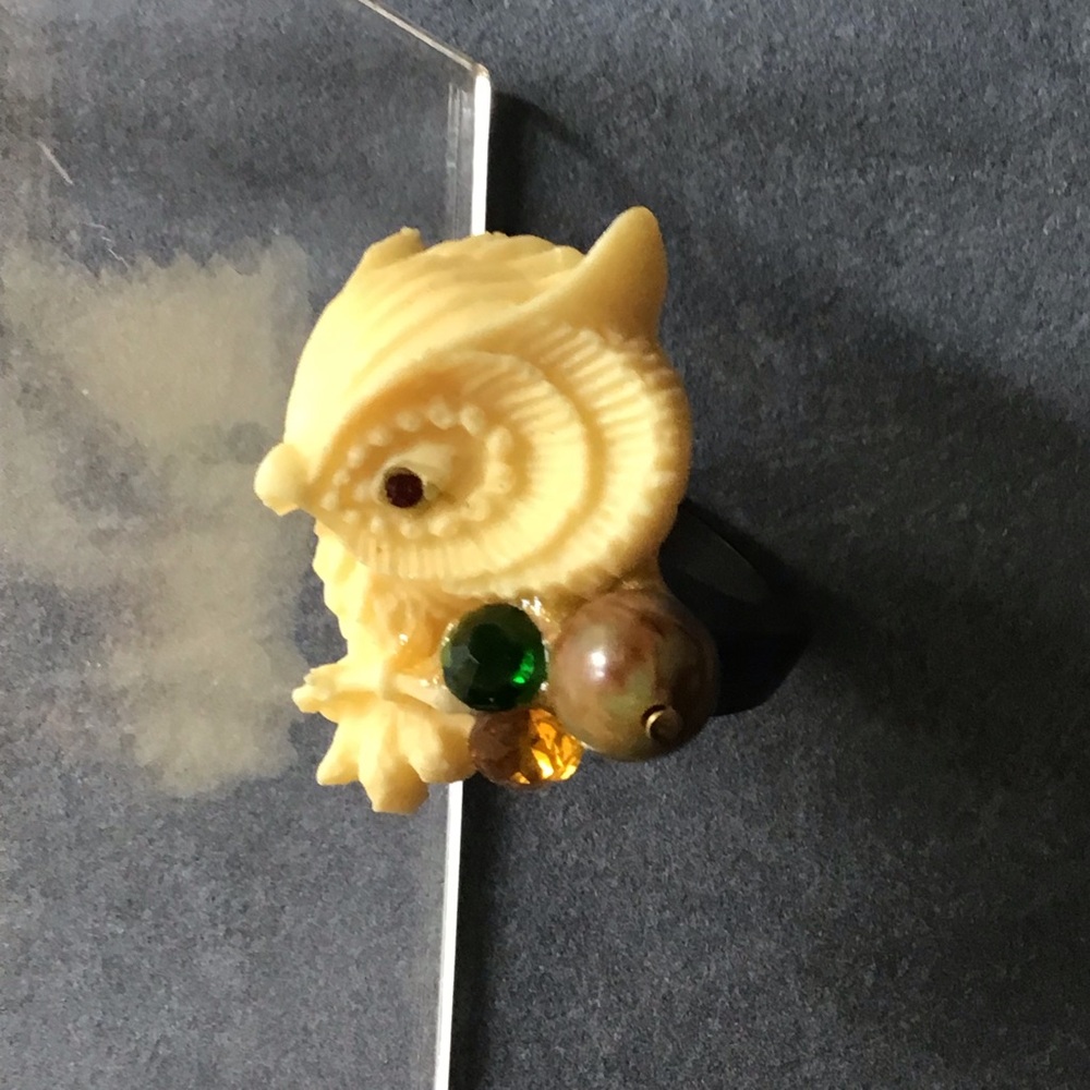 Joli Vintage Plastic Owl Ring with Crystal Accents